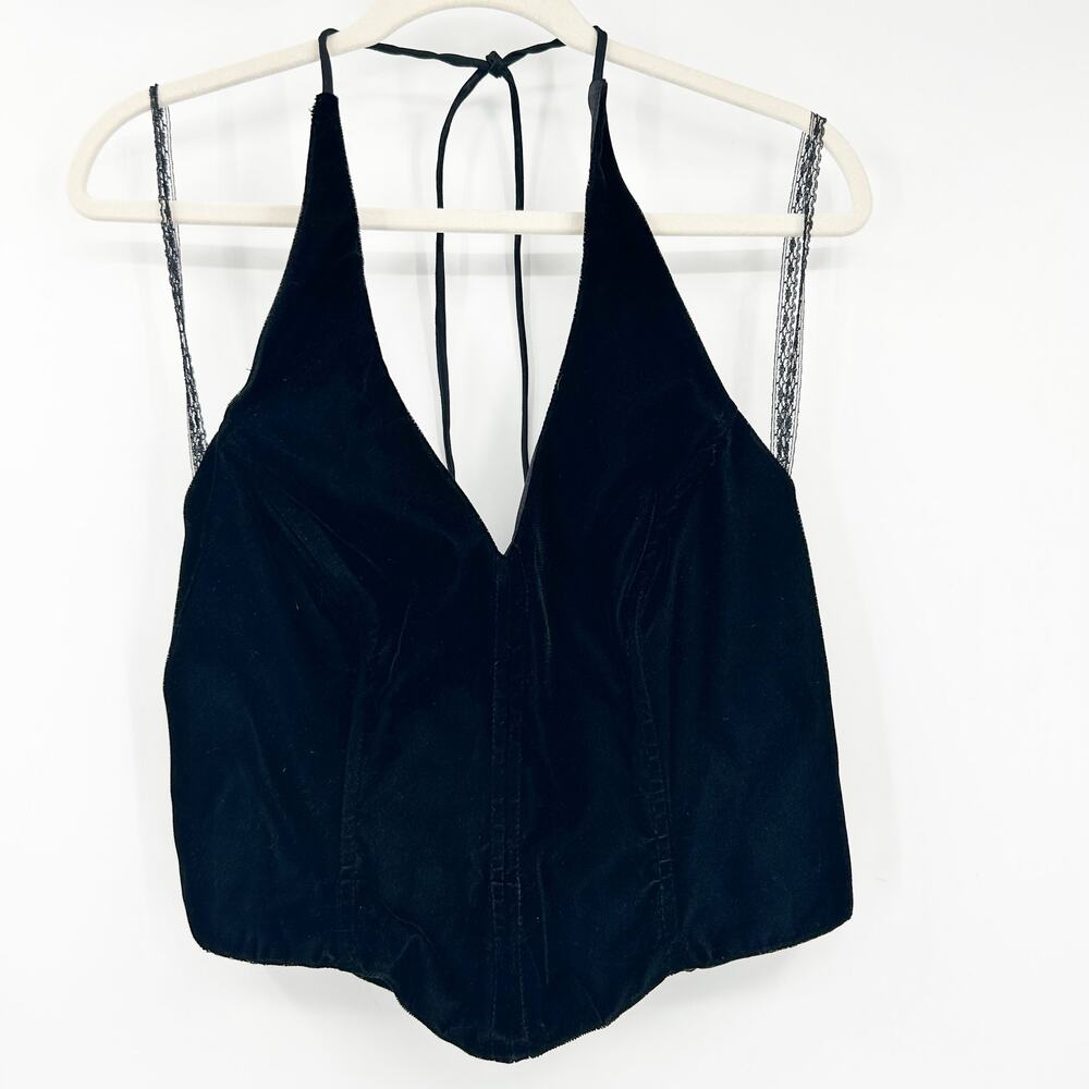 J.R. Nites Womens Y2K Going Out Party Dark‎ Velvet Plunge Neck Halter Corset Top
